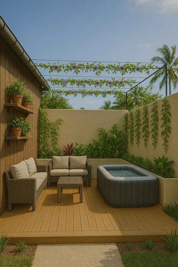 Terrasse en bois avec jacuzzi gonflable et bardage bois – Saint Pierre- Ravine des Cabris- aménagement proposé par Verti’Kal